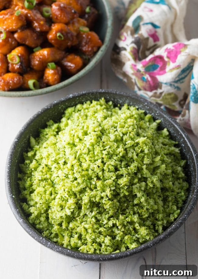 Perfectly chopped and roasted broccoli florets, ready to be served as a healthy low-carb rice substitute