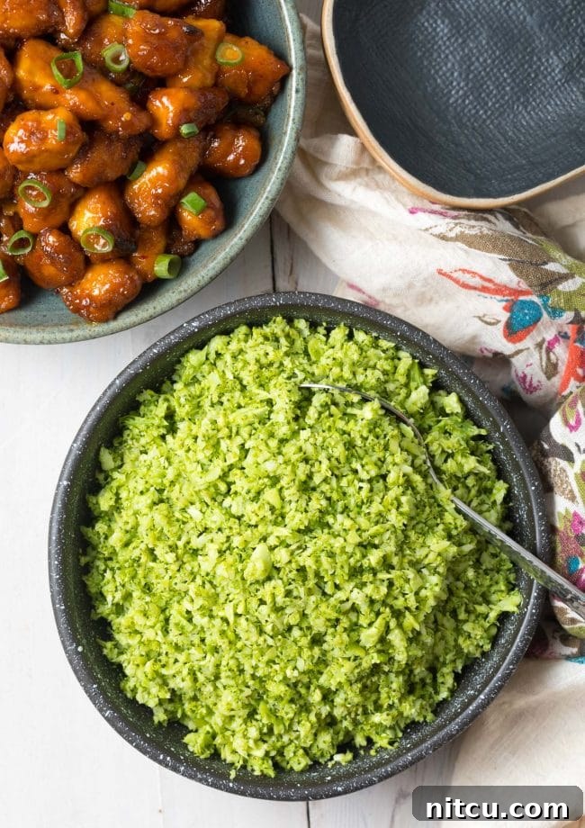 Oven roasted vegetable rice, made from broccoli, perfectly prepared and ready for serving