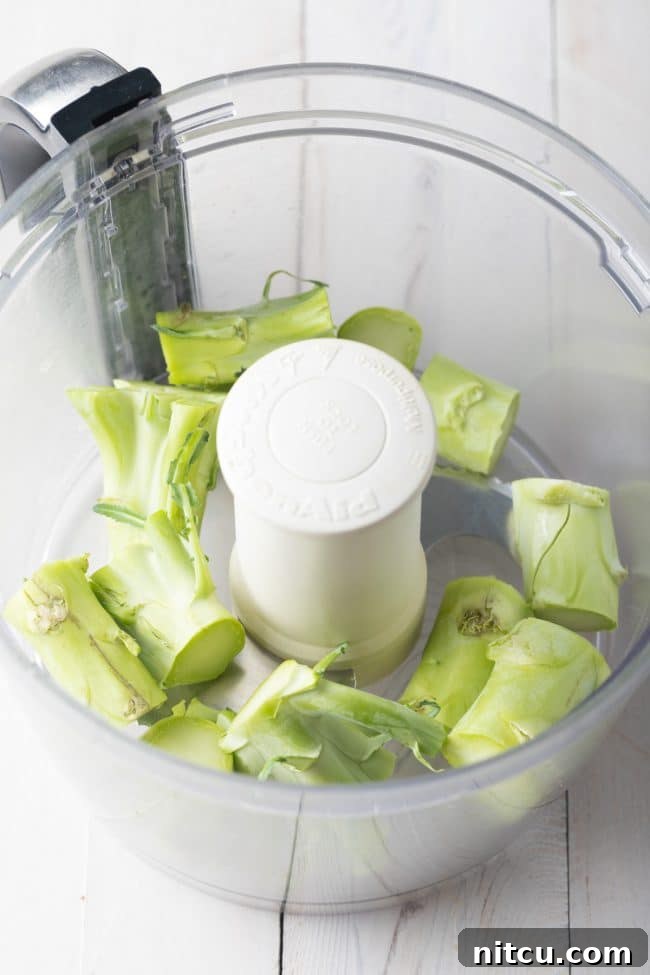 Preparing healthy broccoli rice: start by processing the stalks first