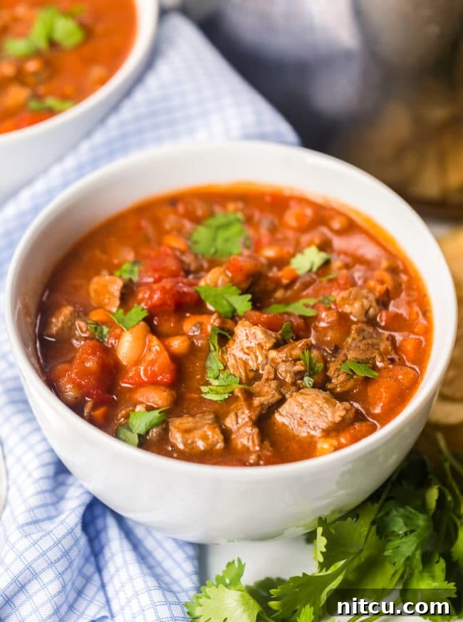 A comforting bowl of rich steak chili with beer and sausage, garnished with fresh cilantro, invitingly presented in a white bowl.
