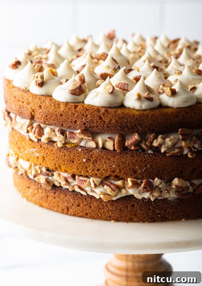 Pumpkin Spice Cake close up shot with Maple Frosting