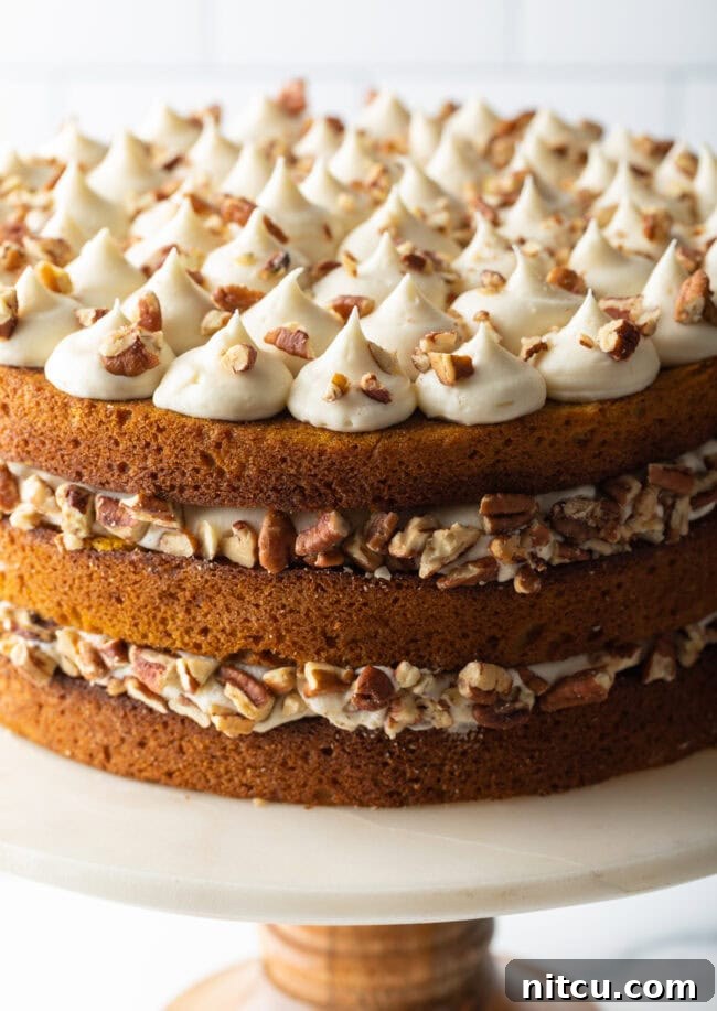 Pumpkin spice cake on a stand. 