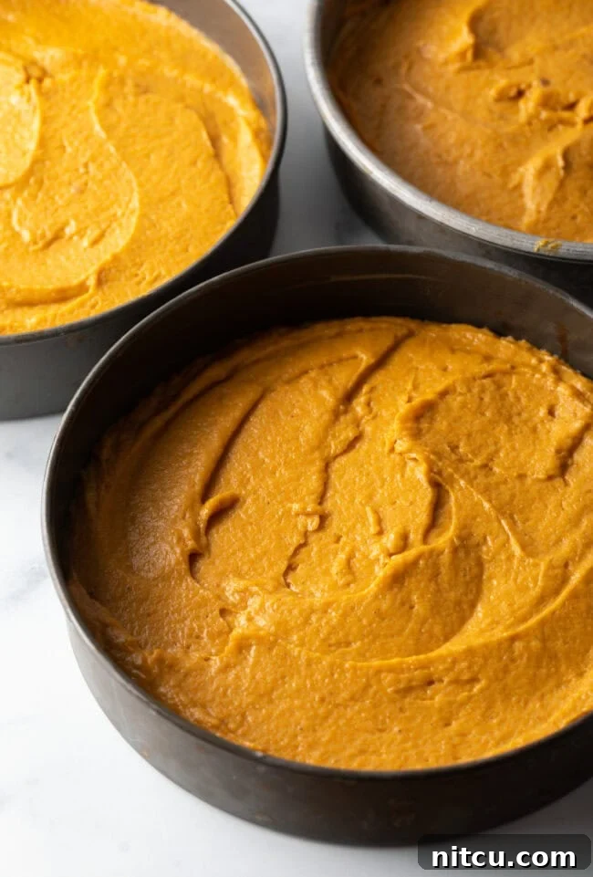 Cake batter poured into cake pans. 