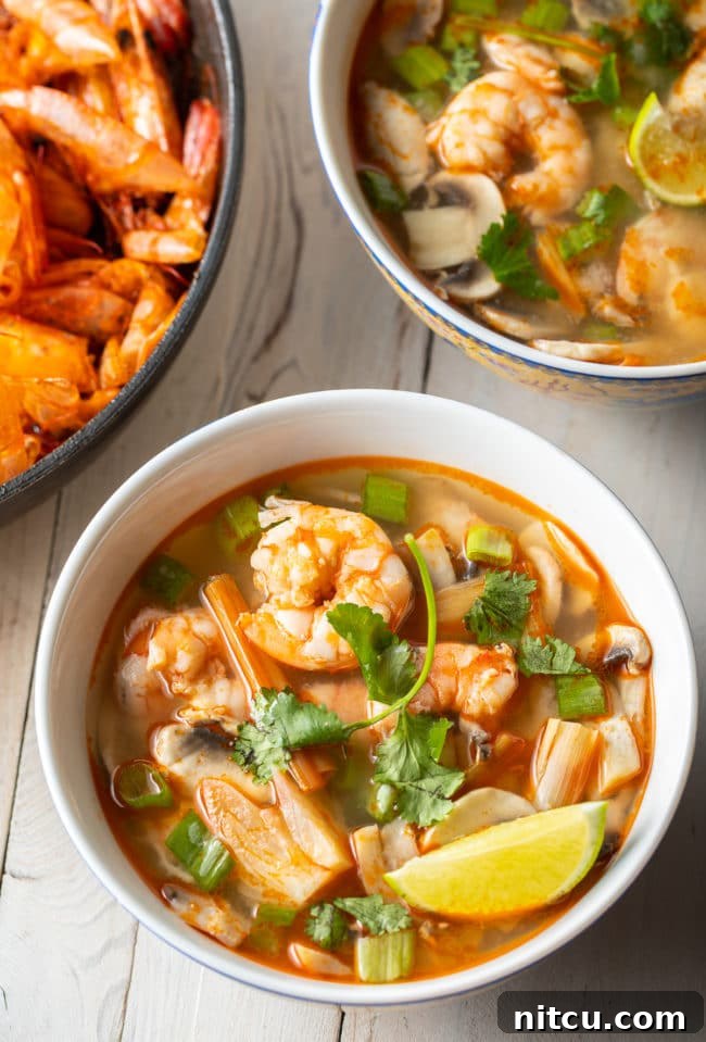 Another overhead shot of two delectable bowls of shrimp Tom Yum soup, beautifully presented and ready to be savored.