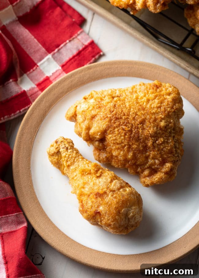 Top-down view of a breaded fried chicken thigh and drumstick on a white plate, ready to be enjoyed.