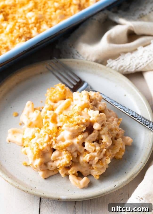 Plate with a serving of this baked macaroni with a fork laying next to it.
