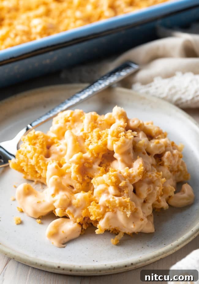 Mac and Cheese with Cream Cheese - Side view of this baked mac and cheese
