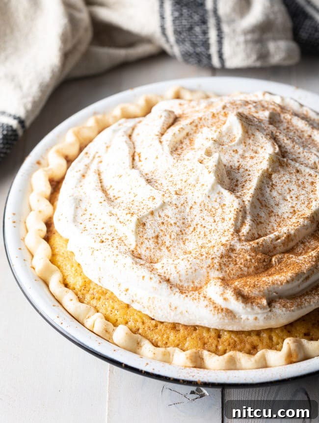 Tres Leches Pie, a fusion dessert, shown whole with a spatula ready to serve, adorned with a mountain of fresh whipped cream and a sprinkle of cinnamon.