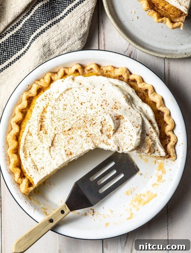 An overhead shot of a whole Tres Leches Pie with a golden, crimped crust, generously topped with whipped cream and a dusting of cinnamon, ready for slicing.