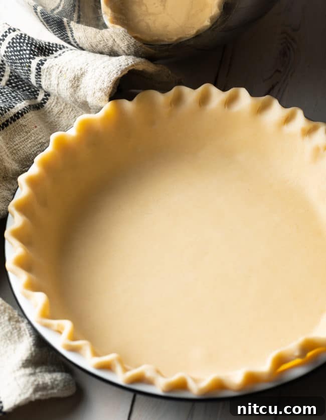 An unbaked pie crust, perfectly crimped and ready for baking, waiting to be filled with deliciousness.