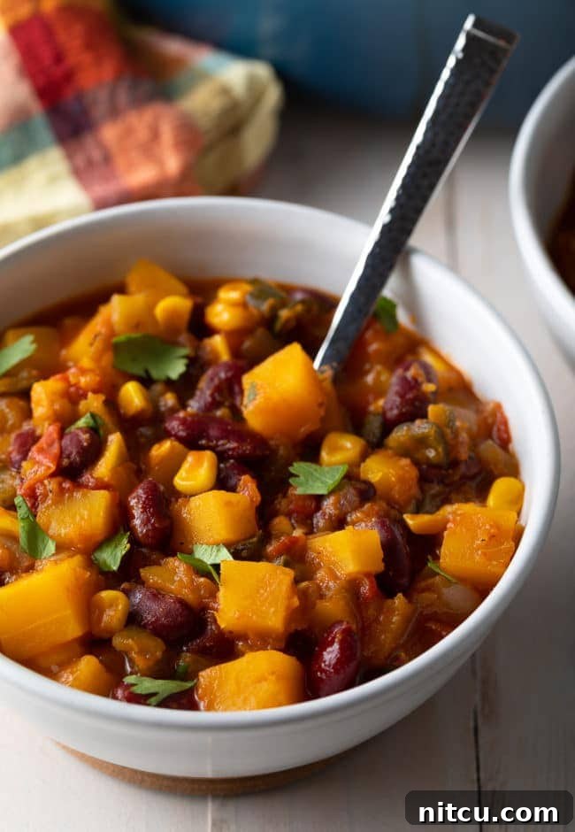 A close-up of vegan Native American-inspired chili in a bowl, with a focus on the chunky vegetables.
