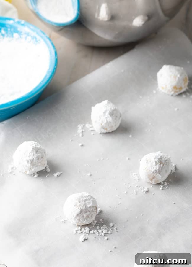 Cookie dough balls, generously coated in powdered sugar, neatly arranged on a parchment-lined baking sheet.