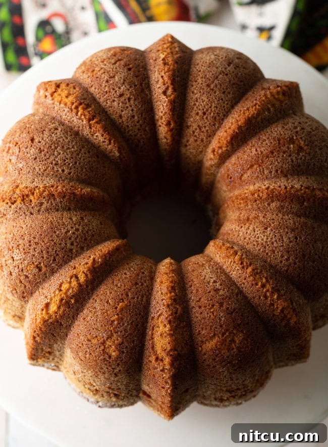 A bundt cake cooling on a wire rack after being perfectly baked, showcasing its golden crust and intricate design.