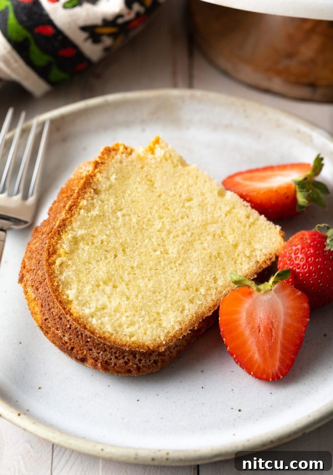 A single piece of cream cheese pound cake adorned with a variety of fresh berries and a light dusting of powdered sugar, ready to be enjoyed.