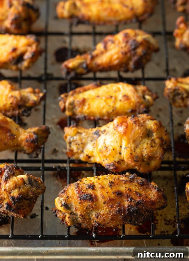 Close-up of baked lemon pepper wings on a baking rack