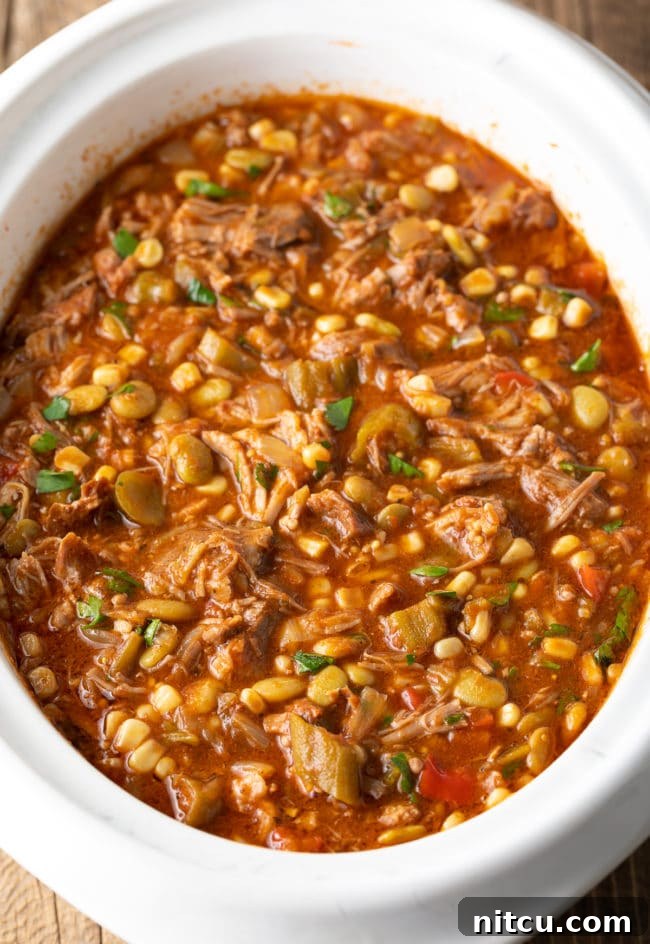 Southern stew simmering in a large oval crock pot, releasing an inviting aroma as it cooks slowly.