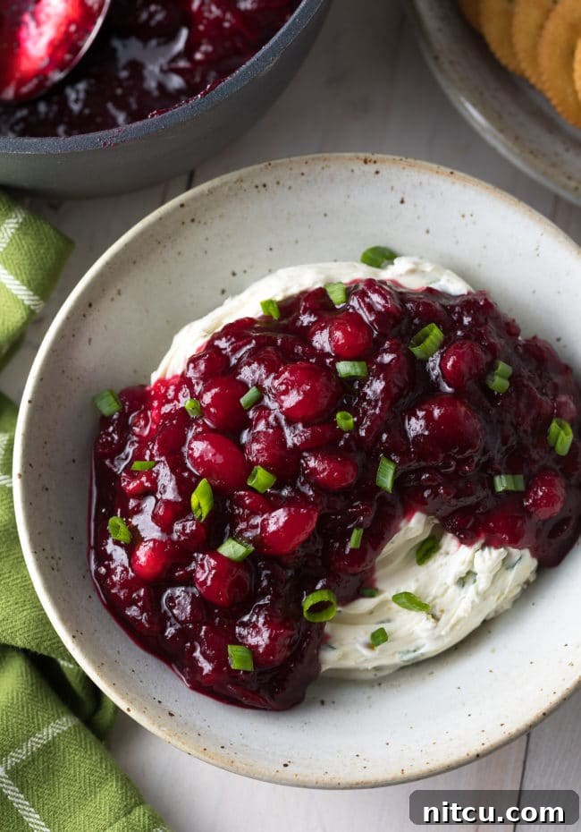 Vibrant Cranberry Jalapeno Cream Cheese Dip in a serving bowl, garnished with fresh pomegranate arils and sliced scallions, ready for holiday entertaining.