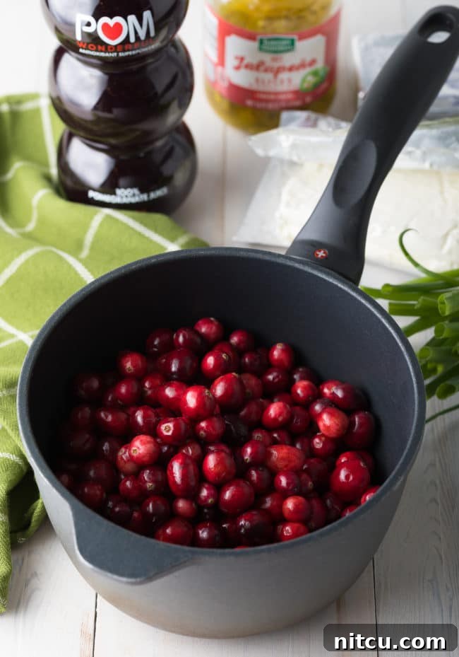Fresh or frozen cranberries in a saucepan with pomegranate juice, illustrating the first step of making the vibrant cranberry topping.