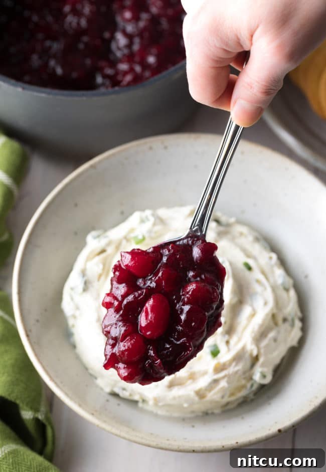 A spoonful of sweet and spicy pomegranate cranberry topping lifted over the creamy white layer of cream cheese dip, showing the beautiful contrast.