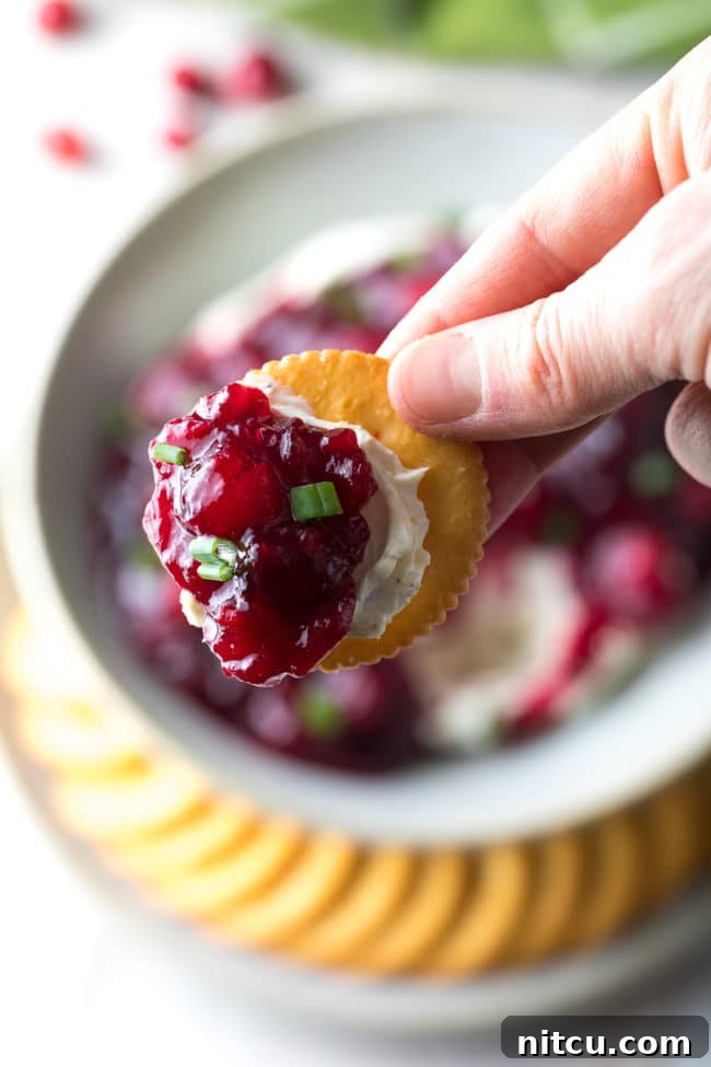 A cracker loaded with the colorful Pomegranate Jalapeno Cream Cheese Dip, ready for a delicious bite, showcasing its texture and festive appeal.