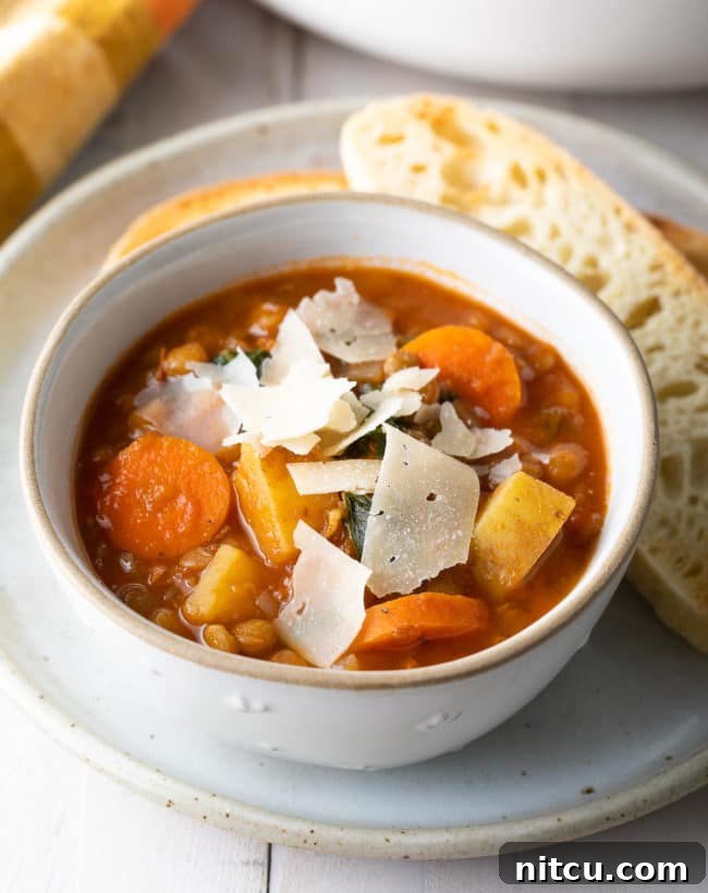Delicious and healthy Vegetarian Lentil Soup, an easy plant-based recipe that's also gluten-free and vegan.