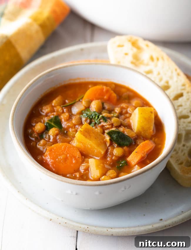 Healthy Tuscan Lentil Soup in a bowl, garnished with fresh herbs and a slice of crusty bread.