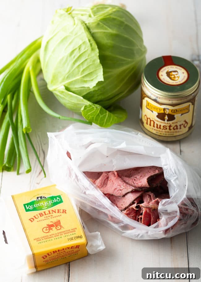 All 6 ingredients for Irish Roasted Cabbage Low Carb Pizza displayed.