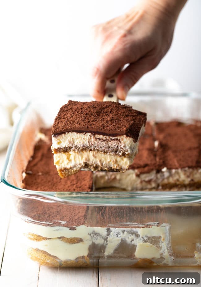 A hand gently holding a spatula with a perfect piece of easy tiramisu cake, ready to be served, with the main dessert in the background.