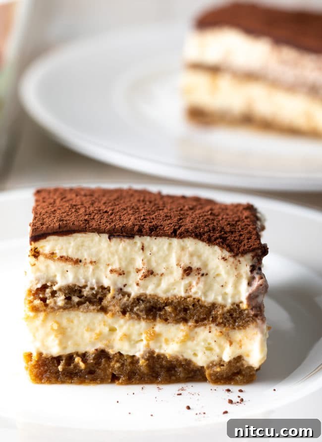A beautiful slice of easy tiramisu cake on a white plate, showcasing its fluffy cream and soft ladyfinger layers.