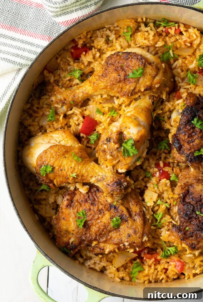 A vibrant, delicious rice and chicken dish served in a large Dutch oven, ready to be enjoyed.