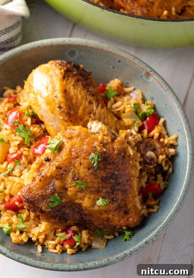 A beautiful blue bowl filled with generous portions of Cuban Arroz Con Pollo, featuring tender chicken pieces and perfectly cooked rice.