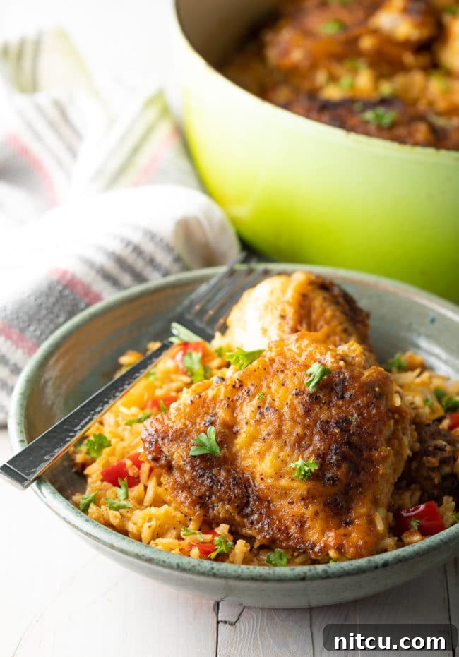A blue bowl showcasing a close-up of Cuban Chicken and Rice, with a silver fork resting on the side, inviting a taste.