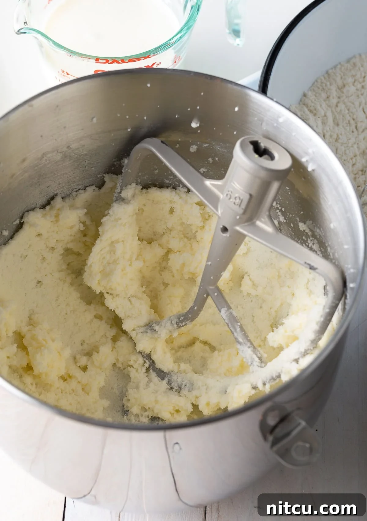 Creamed butter and sugar showing a light and fluffy texture.