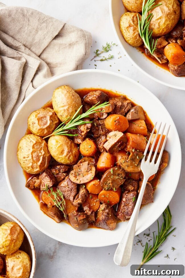 Venison Bourguignon Recipe in bowl (Deer Meat Stew)