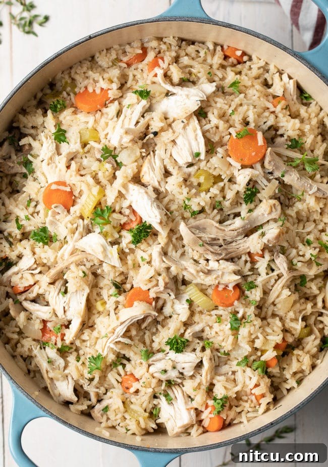 Chicken and rice in a large Dutch oven pot, simmering to perfection.