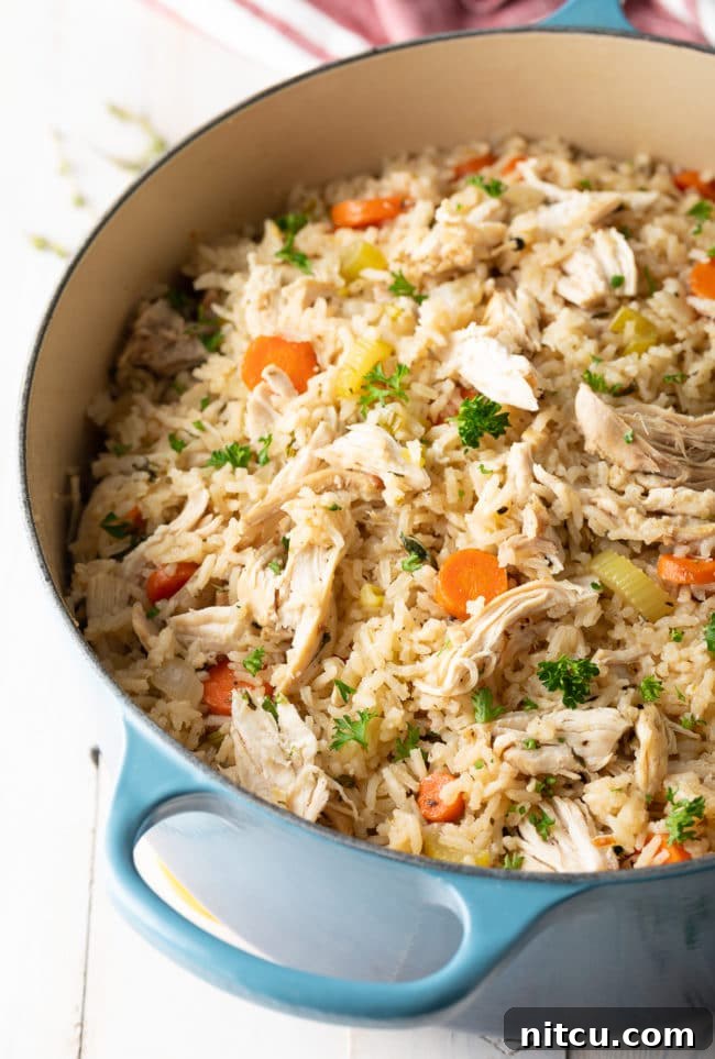 Easy chicken and rice in a dutch oven after being cooked, ready to serve.