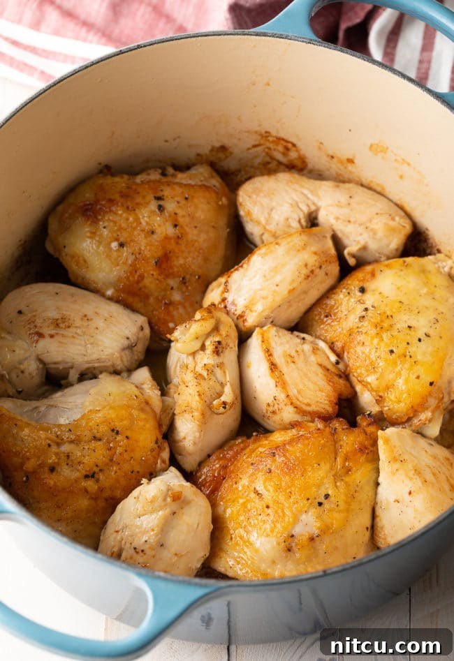 Browned chicken pieces sizzling in a pot, ready for the next step of the recipe.