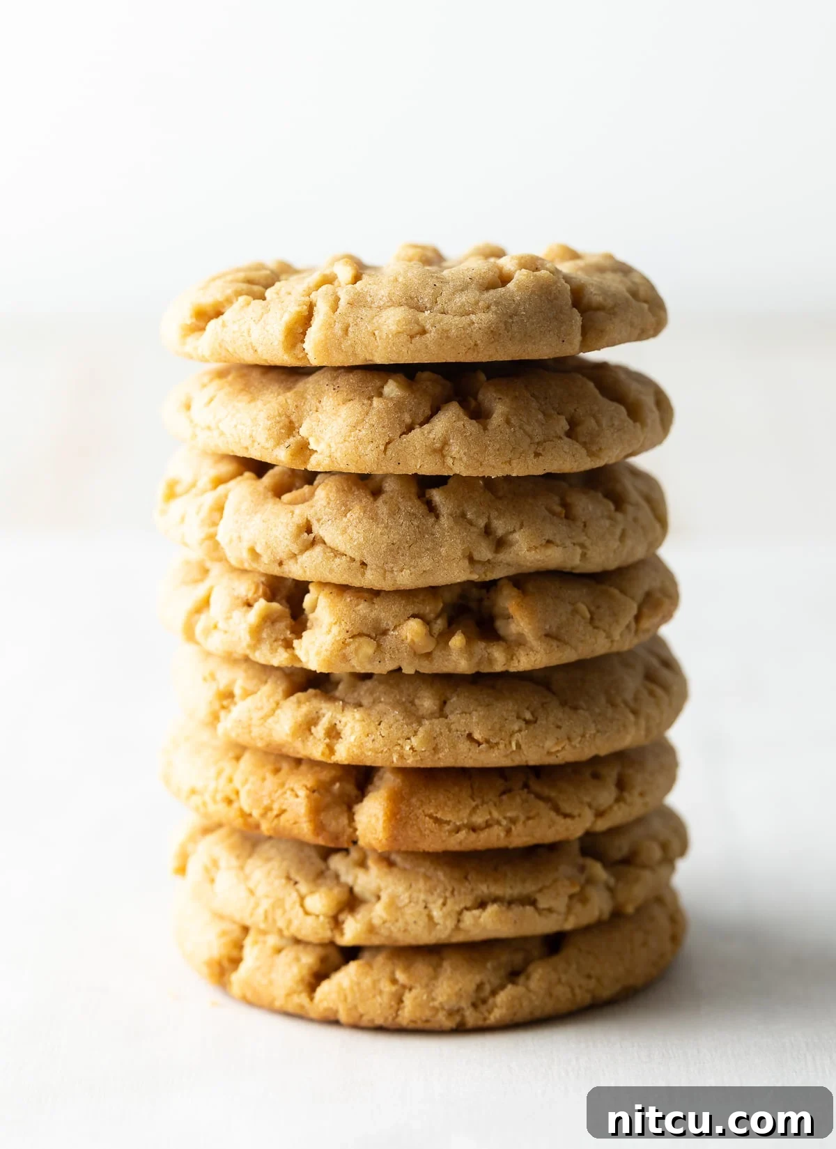 A beautifully arranged stack of soft peanut butter cookies, generously studded with finely ground peanuts, set against a clean white background.