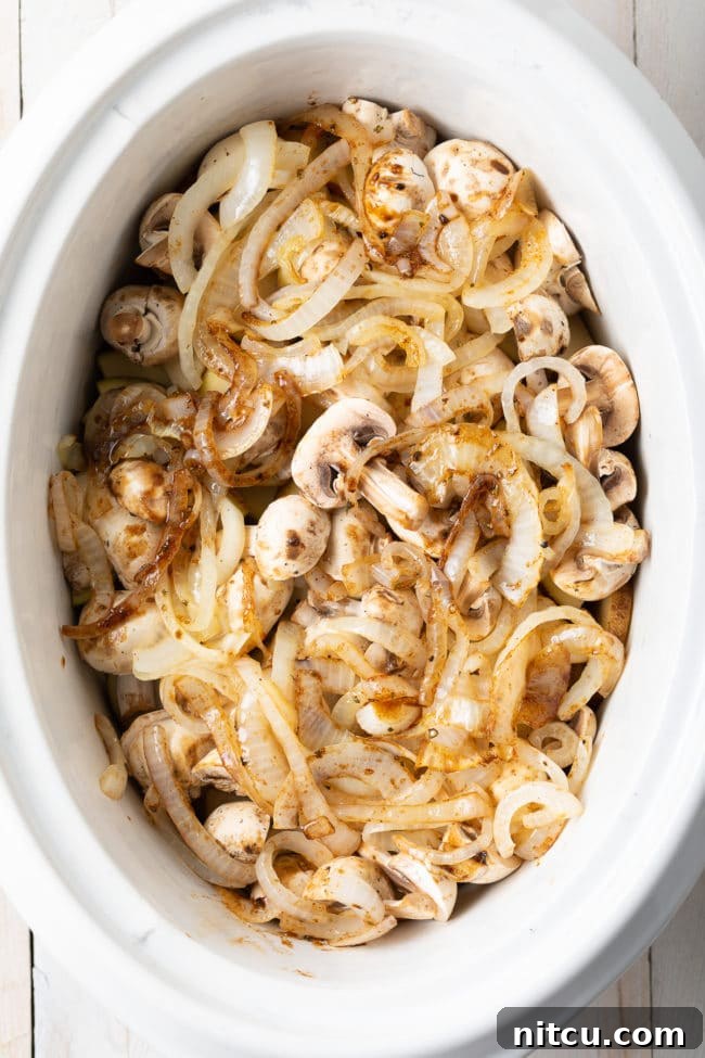 potatoes, mushrooms, and onions prepared in the slow cooker