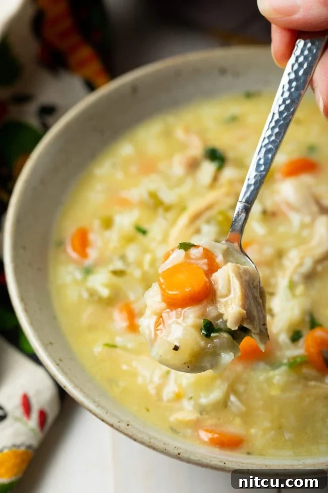 A hand holding a spoon with a spoonful of creamy chicken and rice soup, lifted above a full bowl.
