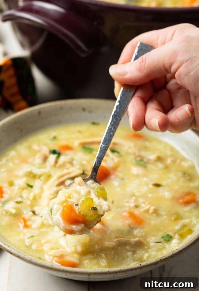 A hand holding a spoon with a spoonful of creamy chicken and rice soup, garnished with fresh herbs, above a steaming bowl.