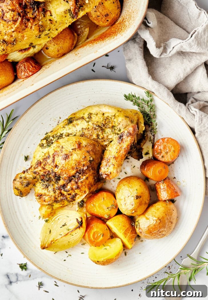 Roasted Game Hens on a bed of veggies, overhead shot. 