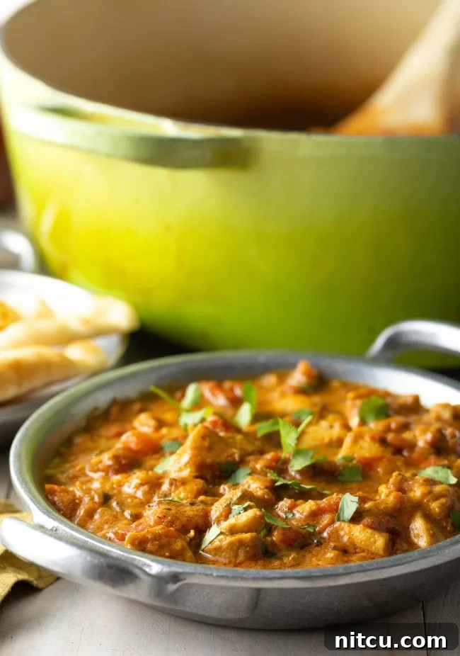Madras Curry with chicken in a bowl with cilantro on top. 