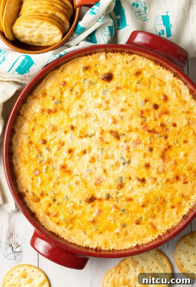 Overhead shot of hot cajun shrimp dip in a baking dish next to a bowl of crackers. 