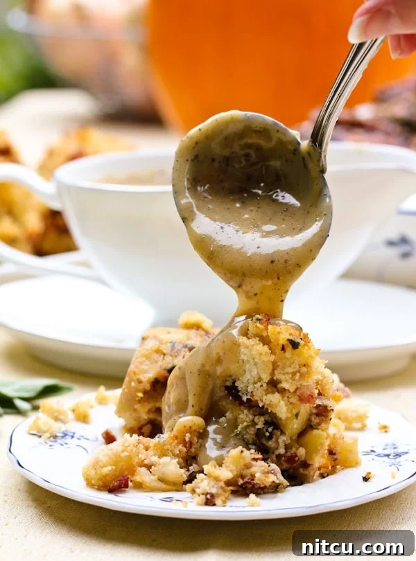 Turkey Gravy Recipe poured over stuffing