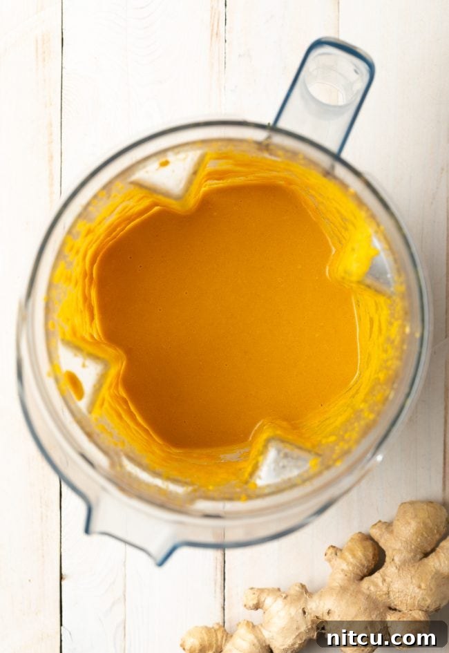 Japanese dressing recipe in blender - after pureeing. The final, smooth Japanese Ginger Dressing, perfectly blended in a high-speed blender.