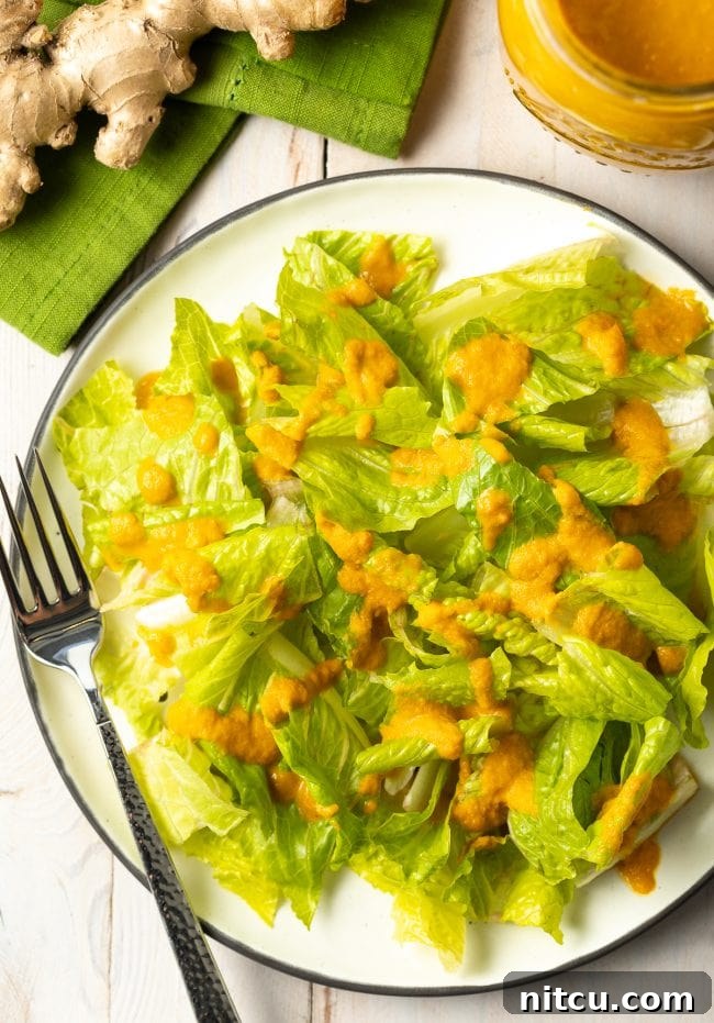 Overhead shot of romaine lettuce with drizzle of ginger salad dressing on top. A beautifully composed salad, showcasing the luscious homemade Japanese Ginger Dressing.