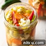 A beautiful jar of Giardiniera Pickled Vegetables.