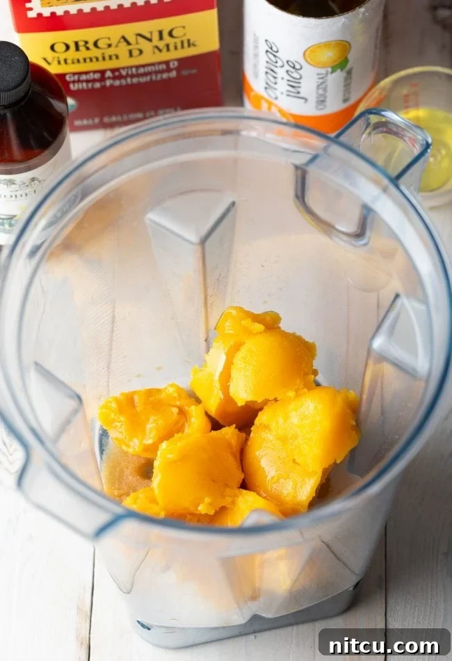 Frozen orange juice concentrate in a blender, ready for mixing.