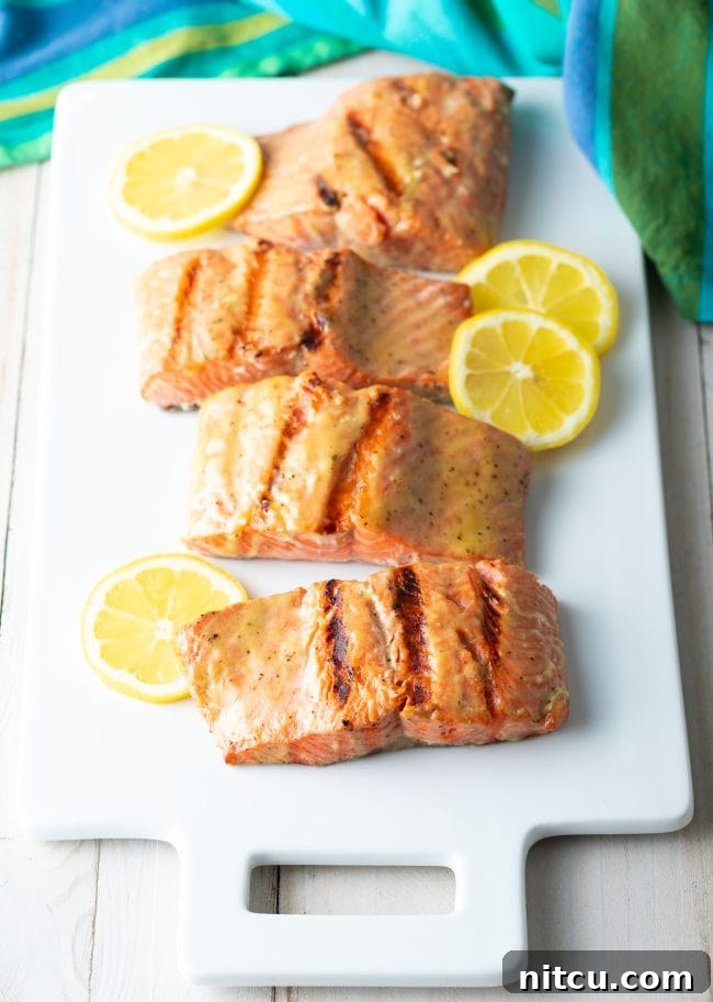 Grilled salmon on a platter. 